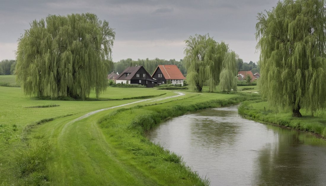 Ein Dörfchen am Bach, Trauerweiden und Wiesen im norddeutschen Binnenland